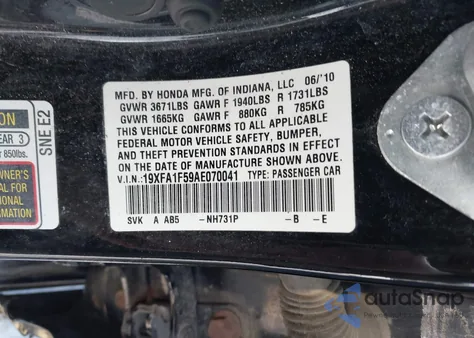 2010 Honda Civic Lx из США, поврежденный, VIN 19XFA1F59AE070041